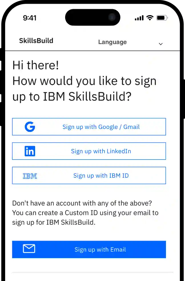 صفحة إنشاء الحساب في IBM SkillsBuild مع خيارات Google و LinkedIn و IBM والبريد الإلكتروني