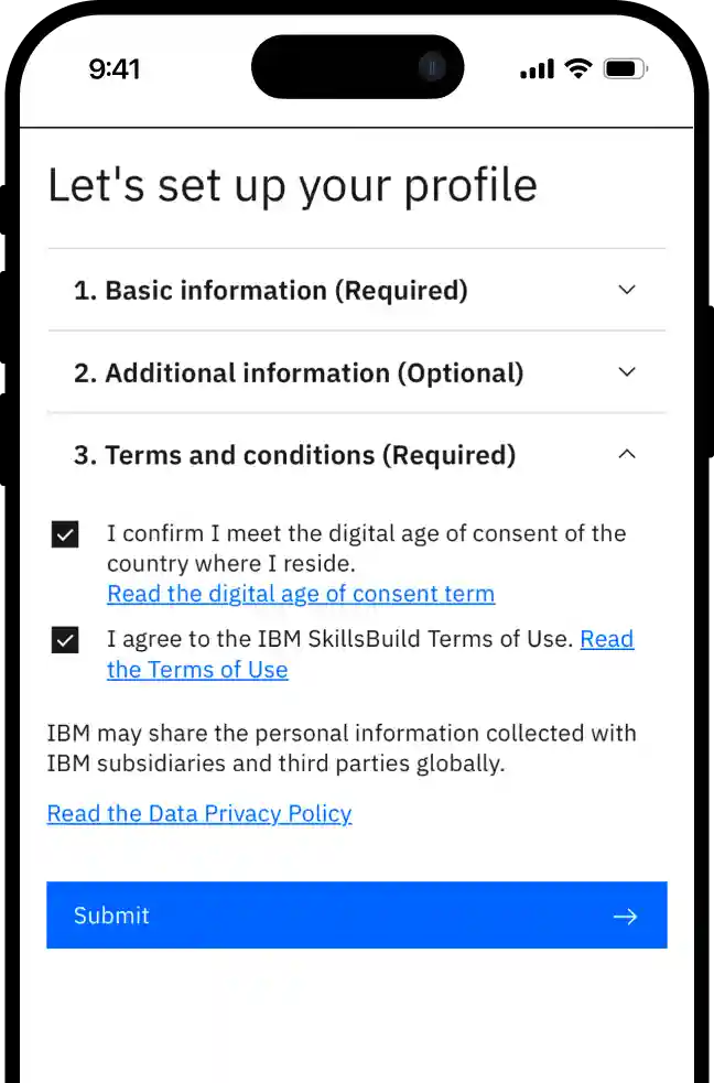 صفحة قبول الشروط والأحكام مع خانات الاختيار وزر الإرسال